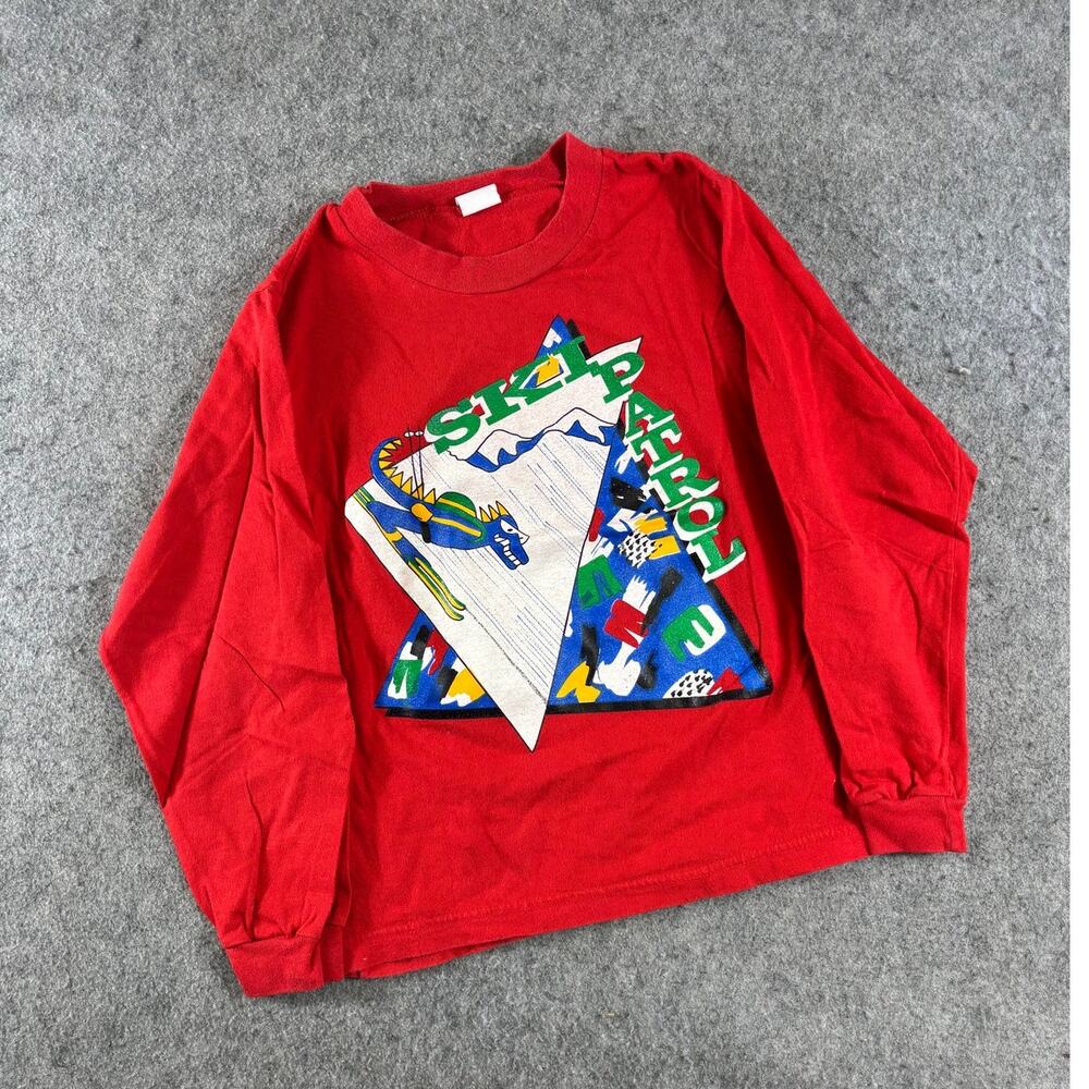 VINTAGE 90s Ski Patrol Shirt Kids Small Red Dinosaur Long Sleeve Graphic Tee